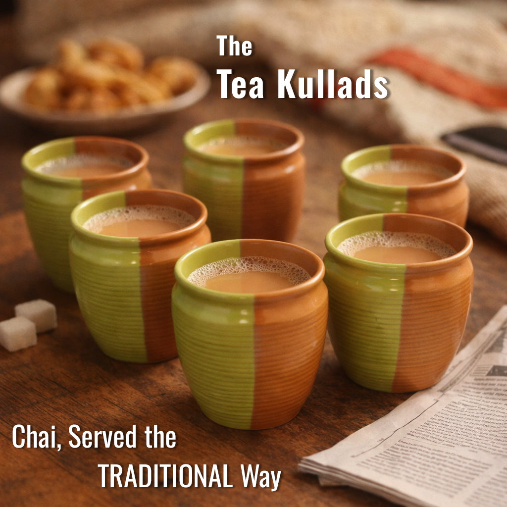 Tea Kullads Set of 6 | Parrot Green - Brown | 220 ml