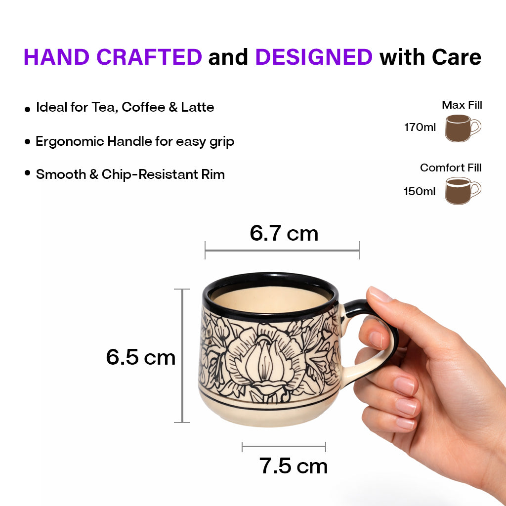 Tea Cups Set of 6 | Cream - Black 'Kalamkari' Painting | 170ml