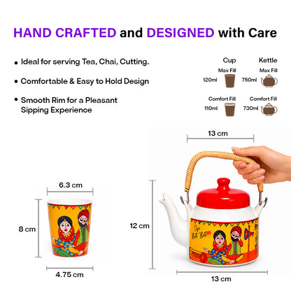 Balle Balle Tea Kettle & Glass Set with Cart Tray | Kettle (1200 ml) & 6 Glass (120 ml)