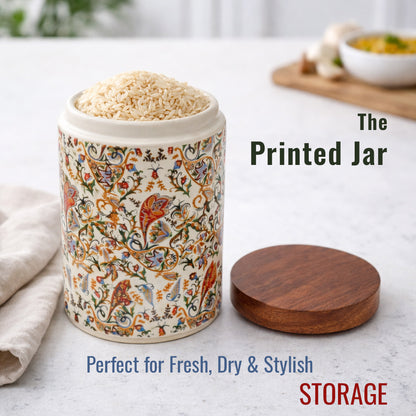Floral Printed Jar with Wooden Lid| Multicolor | 900ml