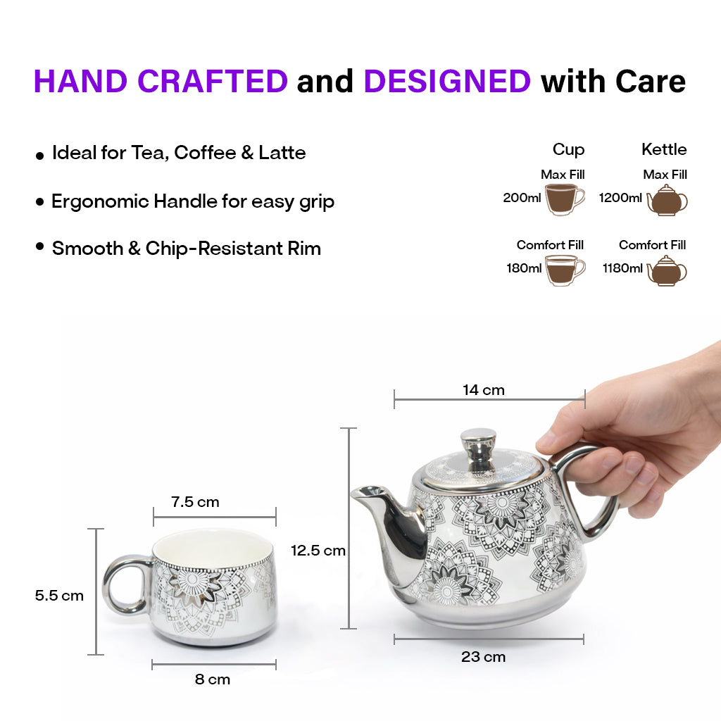 Tea Set | Silver-White | Kettle (1200 ml) & 6 Cups (200 ml)