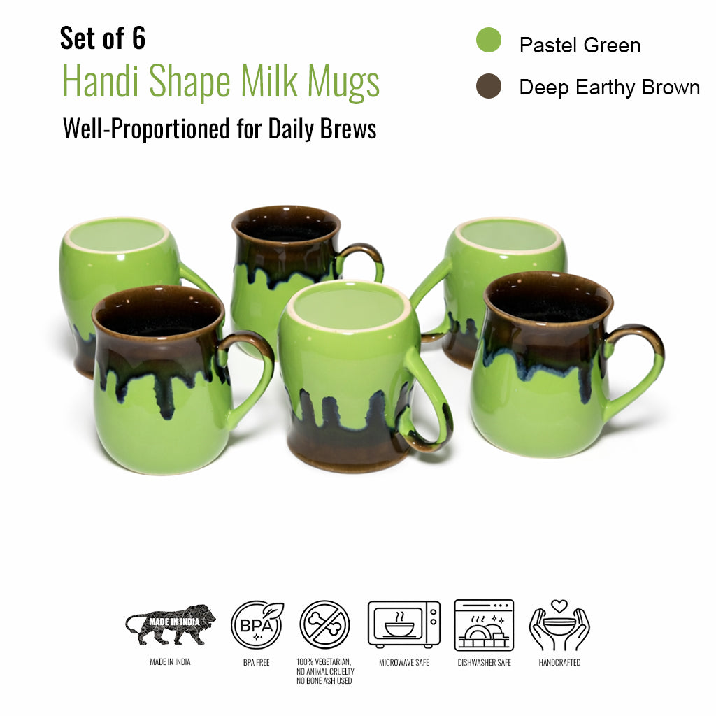 Milk Mugs Set of 6 | Parrot Green-Brown | 400ml
