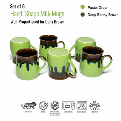 Milk Mugs Set of 6 | Parrot Green-Brown | 400ml