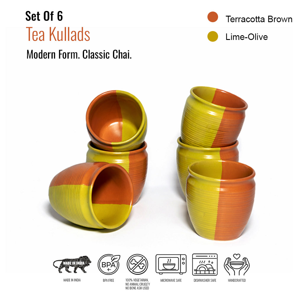 Tea Kullads Set of 6 | Parrot Green - Brown | 220 ml