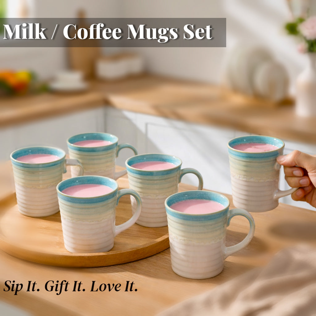 Coffee, Milk, Mugs Set | White - Teal | 320ml