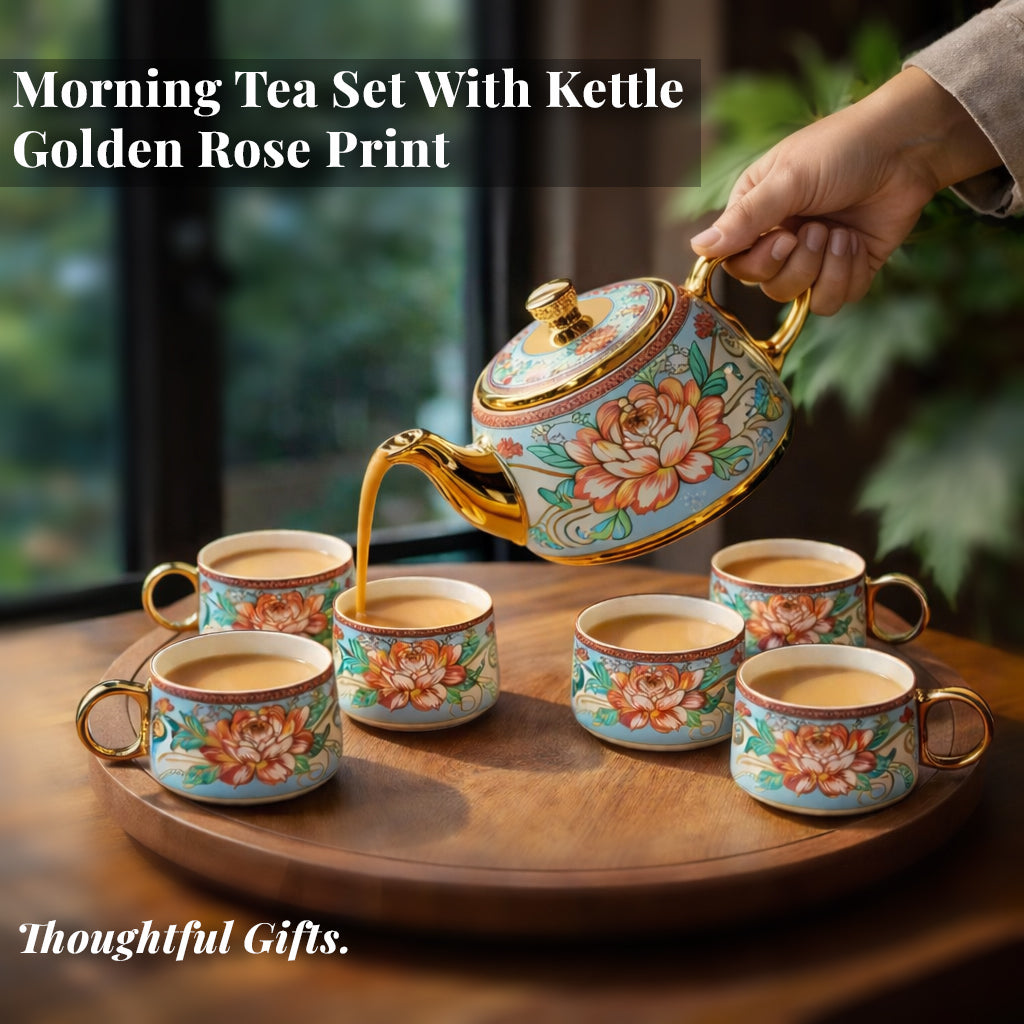 Tea Set | Golden Rose Print |  Kettle (1200 ml) & 6 Cups (200 ml)