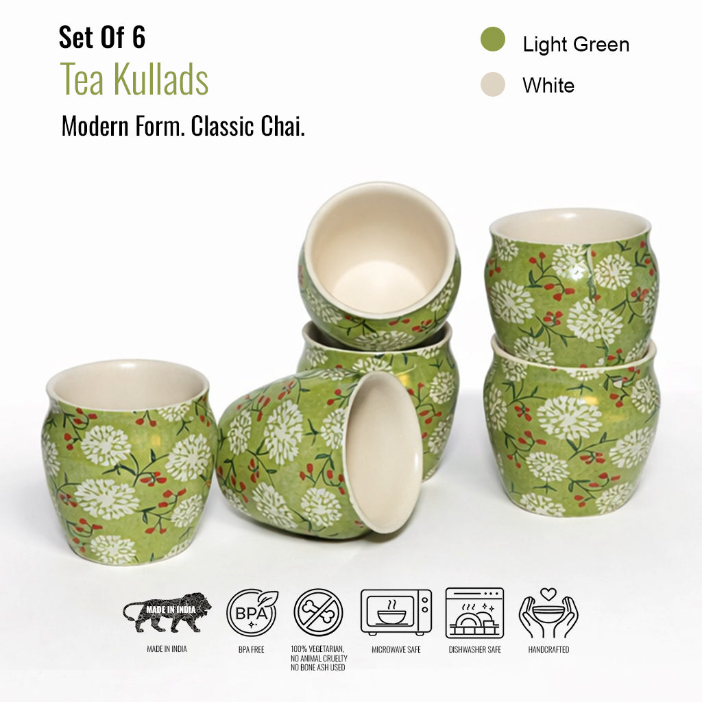 Tea Kullads Set of 6 | Green - White | 220 ml