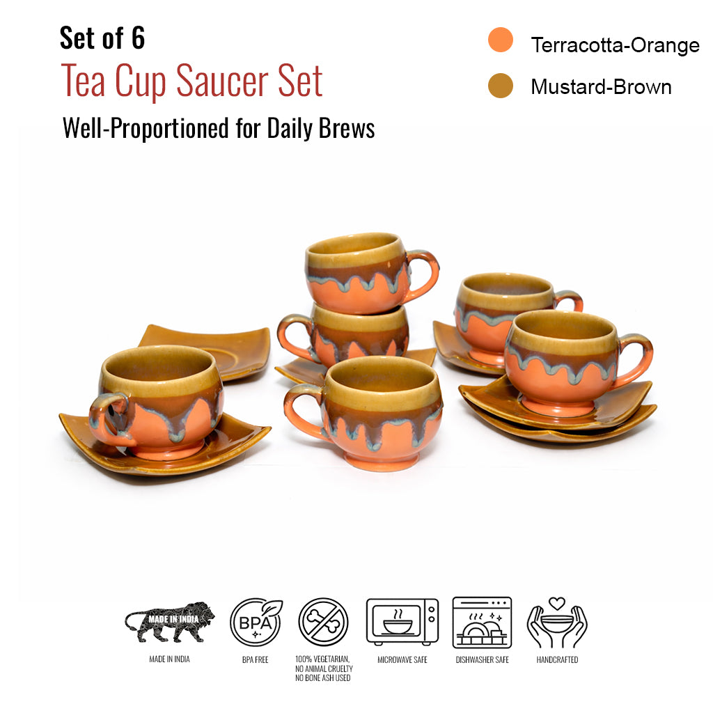 Tea Cups Saucer Set of 6 | Orange - Brown | 160 ml
