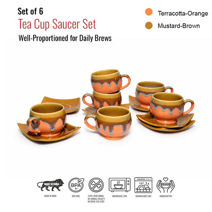 Tea Cups Saucer Set of 6 | Orange - Brown | 160 ml