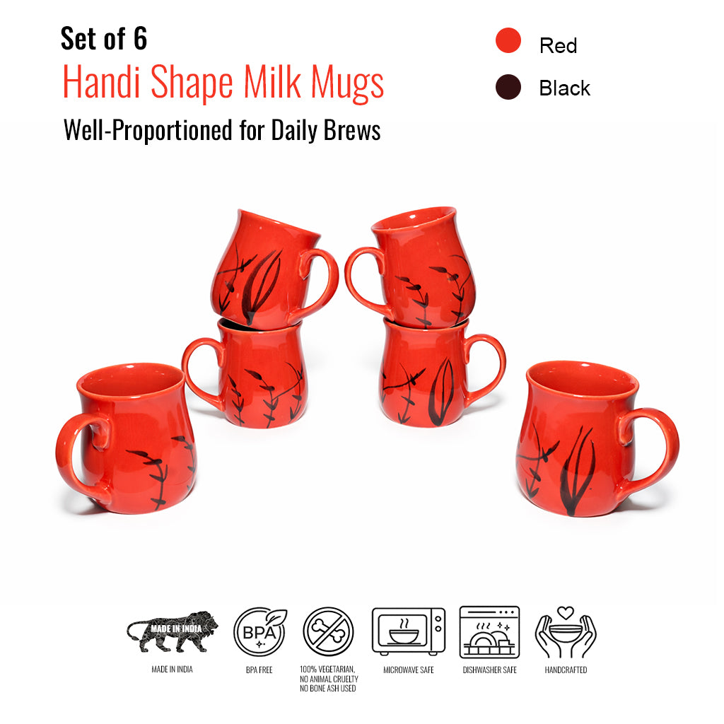 Milk Mugs Set of 6 | Red-Black | 400ml