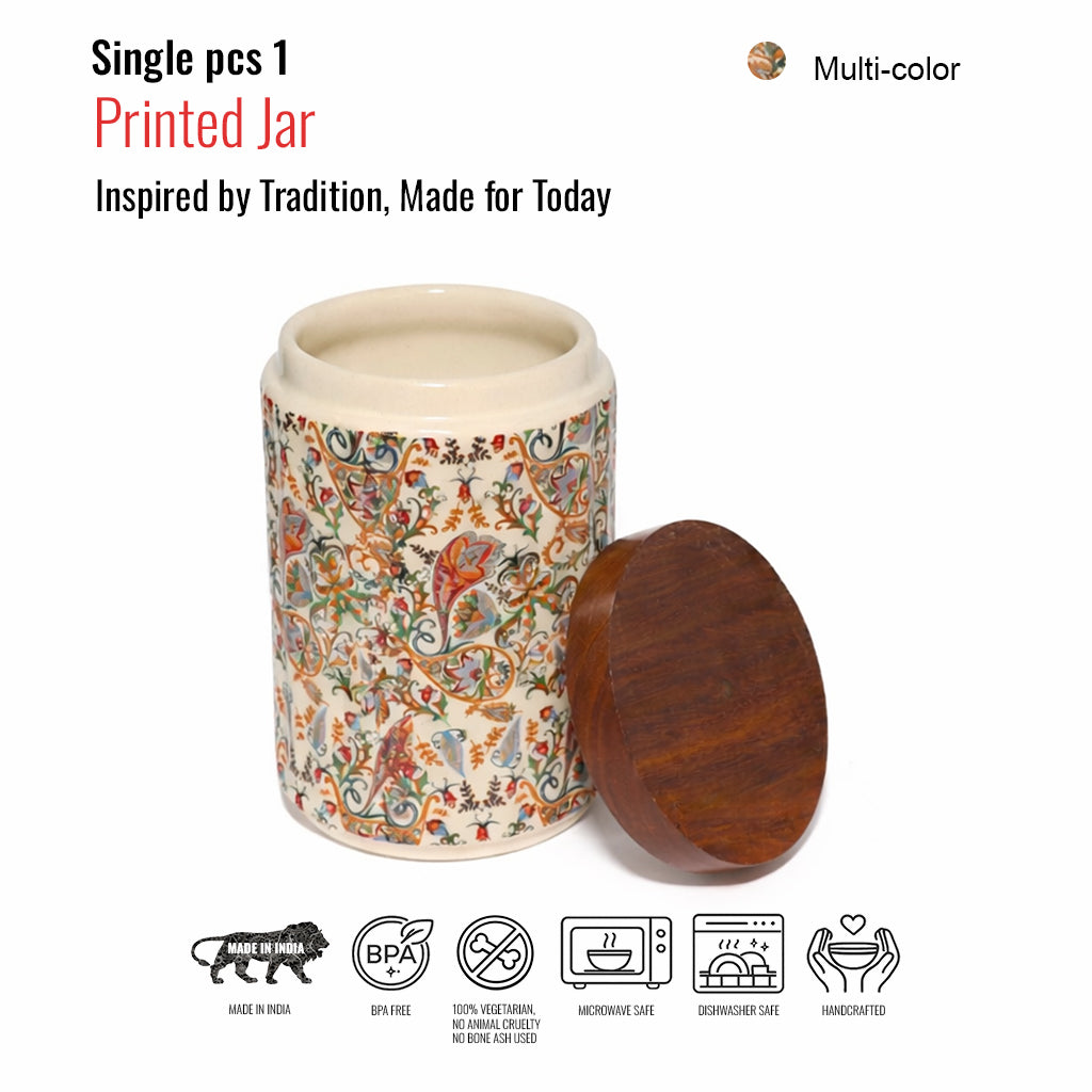 Floral Printed Jar with Wooden Lid| Multicolor | 900ml