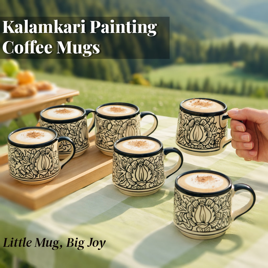 Tea Cups Set of 6 | Cream - Black 'Kalamkari' Painting | 170ml