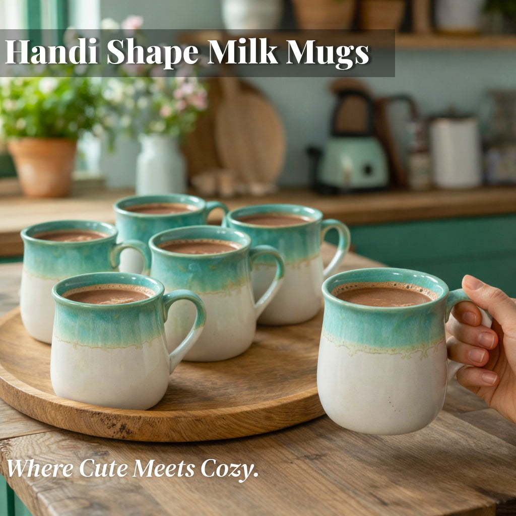 Milk Mugs Set of 6 | White-Teal | 400ml