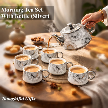 Tea Set | Silver-White | Kettle (1200 ml) & 6 Cups (200 ml)