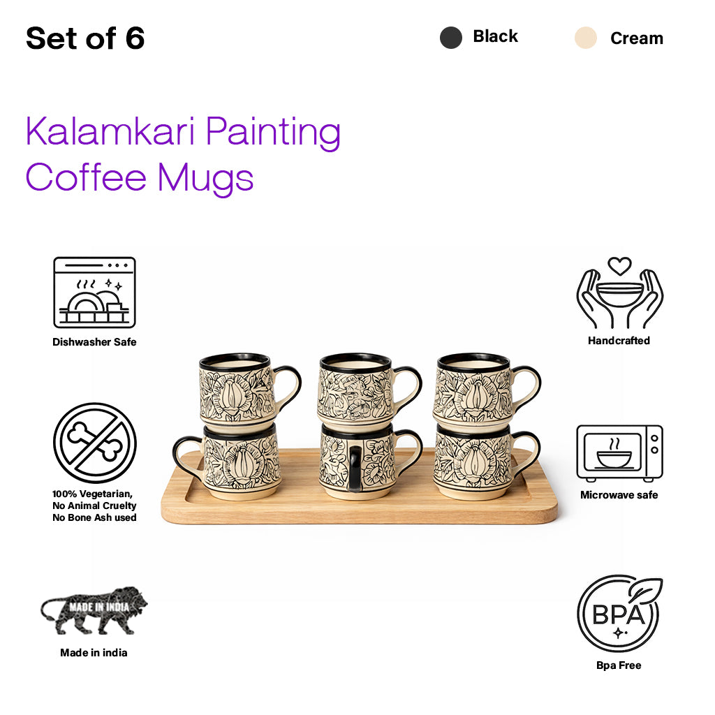 Tea Cups Set of 6 | Cream - Black 'Kalamkari' Painting | 170ml