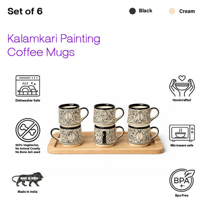 Tea Cups Set of 6 | Cream - Black 'Kalamkari' Painting | 170ml