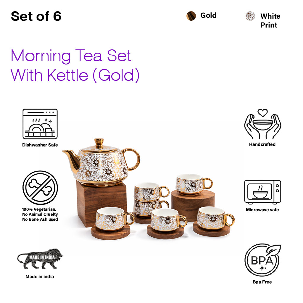 Tea Set | Golden-White | Kettle (1200 ml) & 6 Cups (200 ml)