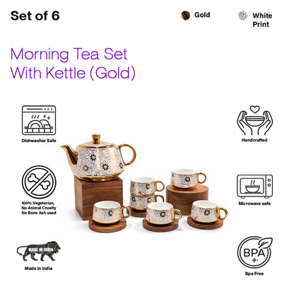 Tea Set | Golden-White | Kettle (1200 ml) & 6 Cups (200 ml)
