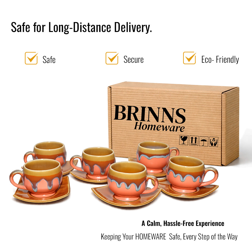 Tea Cups Saucer Set of 6 | Orange - Brown | 160 ml