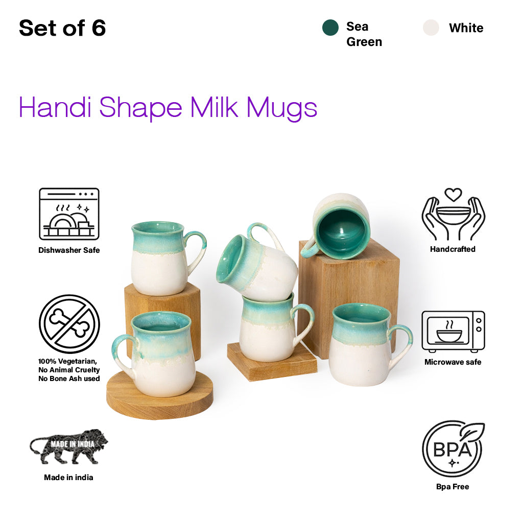Milk Mugs Set of 6 | White-Teal | 400ml