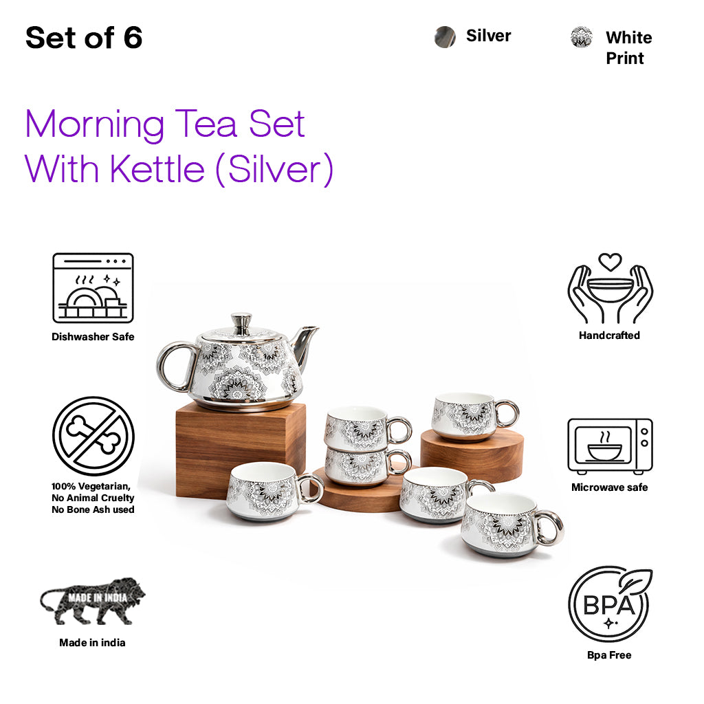 Tea Set | Silver-White | Kettle (1200 ml) & 6 Cups (200 ml)