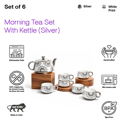 Tea Set | Silver-White | Kettle (1200 ml) & 6 Cups (200 ml)