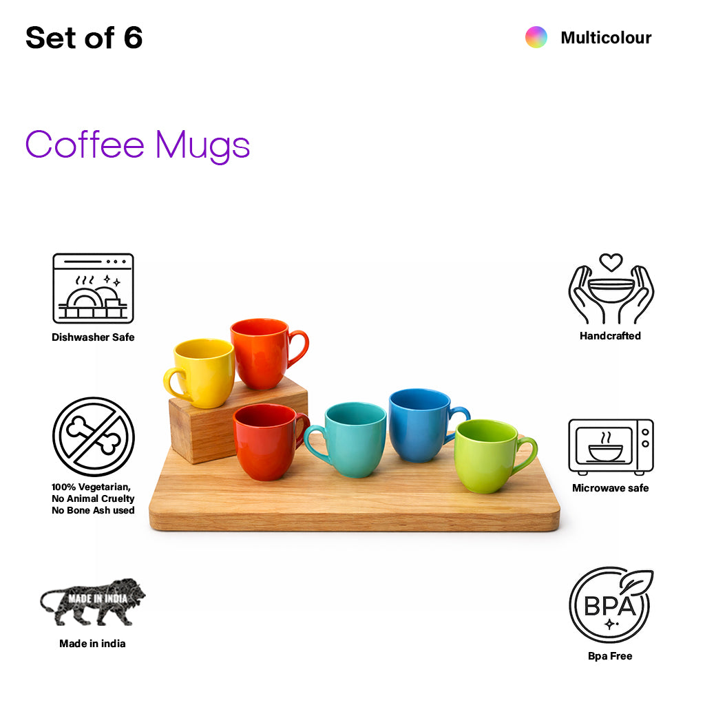 Coffee Mugs Set of 6 | Multicolour | 220 ml
