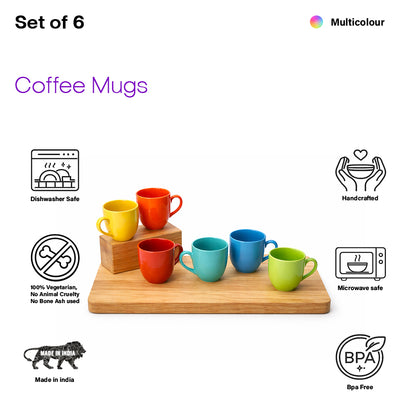 Coffee Mugs Set of 6 | Multicolour | 220 ml