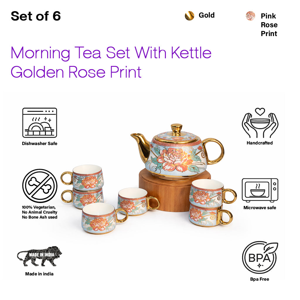 Tea Set | Golden Rose Print |  Kettle (1200 ml) & 6 Cups (200 ml)