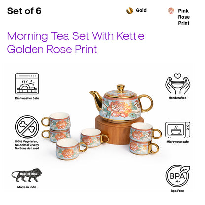 Tea Set | Golden Rose Print |  Kettle (1200 ml) & 6 Cups (200 ml)