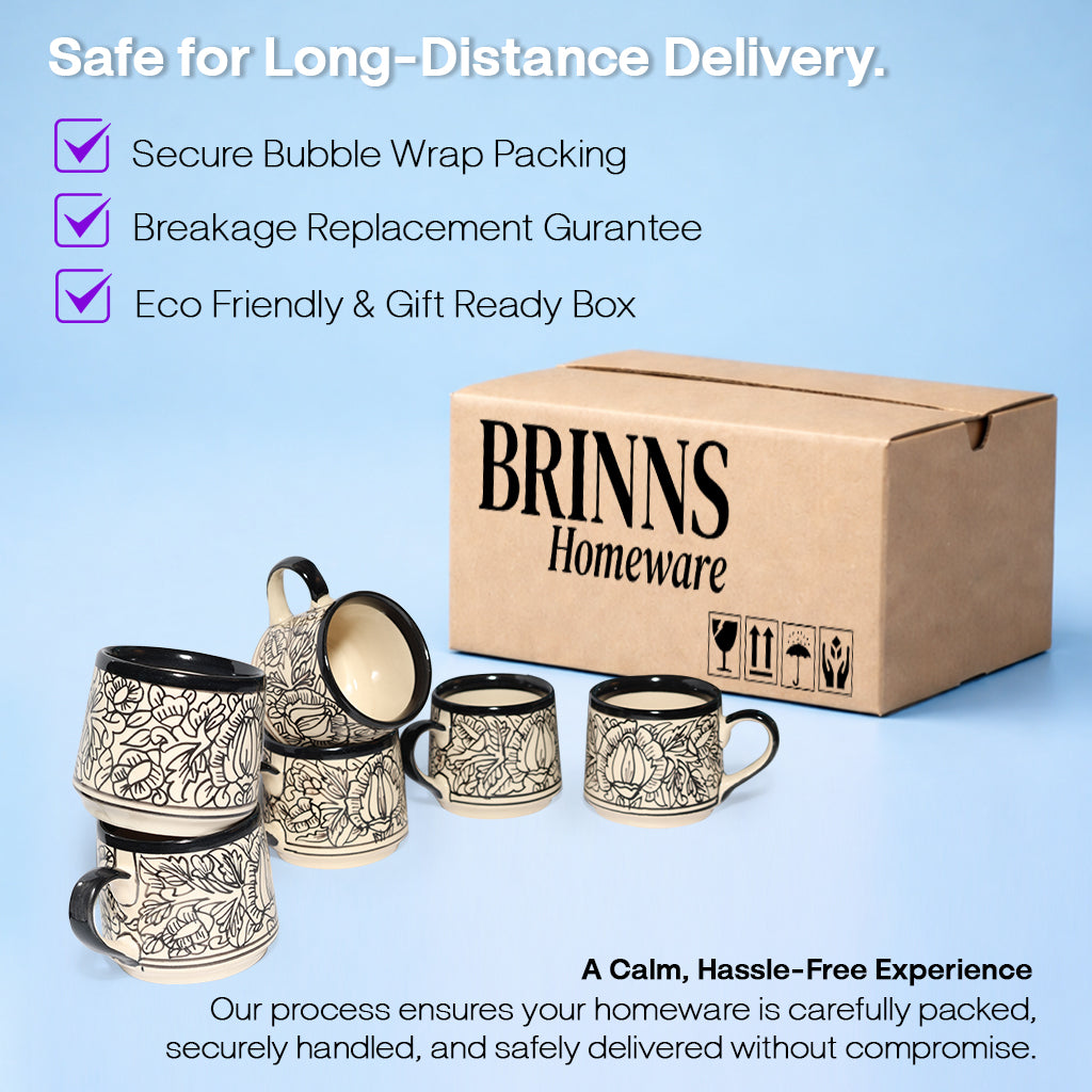 Tea Cups Set of 6 | Cream - Black 'Kalamkari' Painting | 170ml