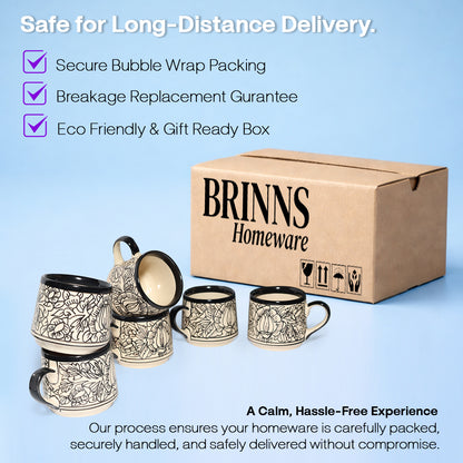 Tea Cups Set of 6 | Cream - Black 'Kalamkari' Painting | 170ml