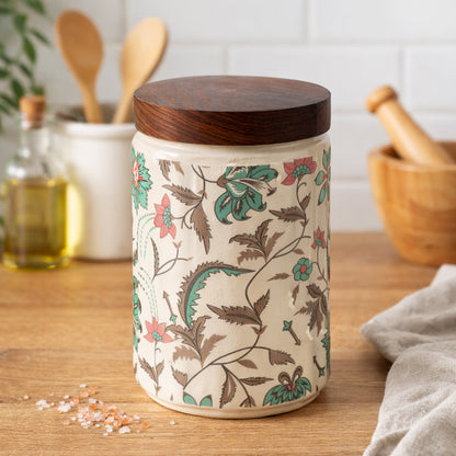 Floral Printed Jar with Wooden Lid| Multicolor | 900ml