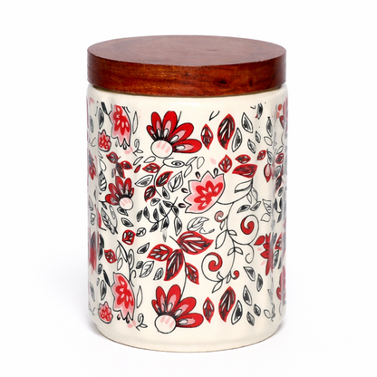 Floral Printed Jar with Wooden Lid| Multicolor | 900ml
