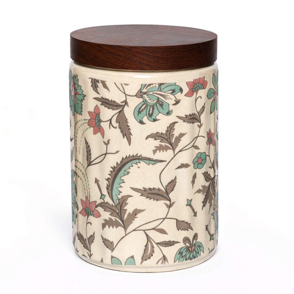 Floral Printed Jar with Wooden Lid| Multicolor | 900ml