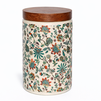 Floral Printed Jar with Wooden Lid| Multicolor | 900ml