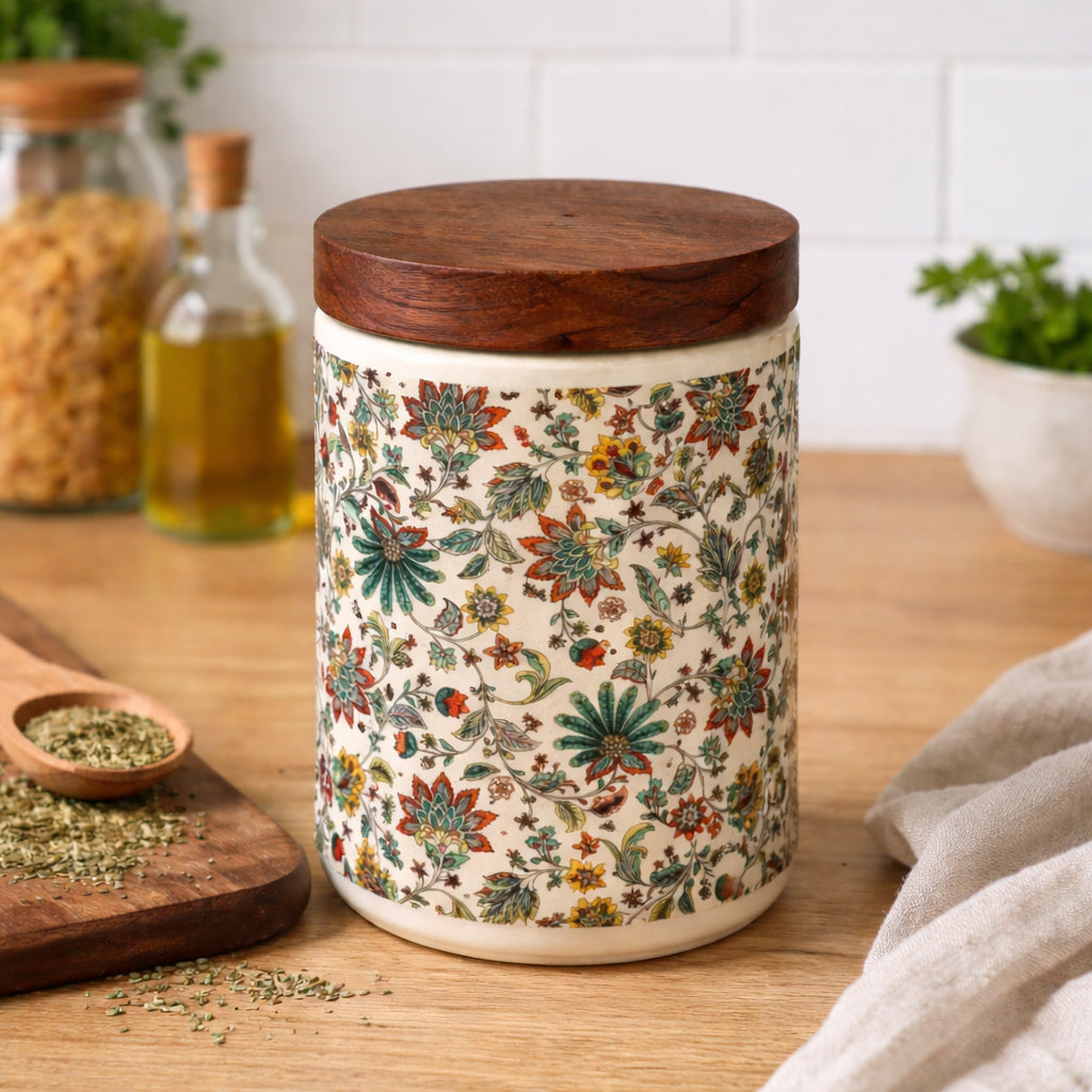 Floral Printed Jar with Wooden Lid| Multicolor | 900ml