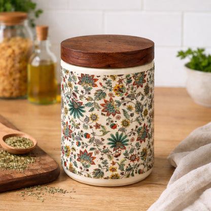 Floral Printed Jar with Wooden Lid| Multicolor | 900ml