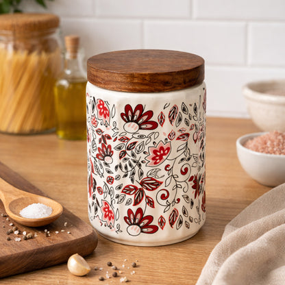 Floral Printed Jar with Wooden Lid| Multicolor | 900ml