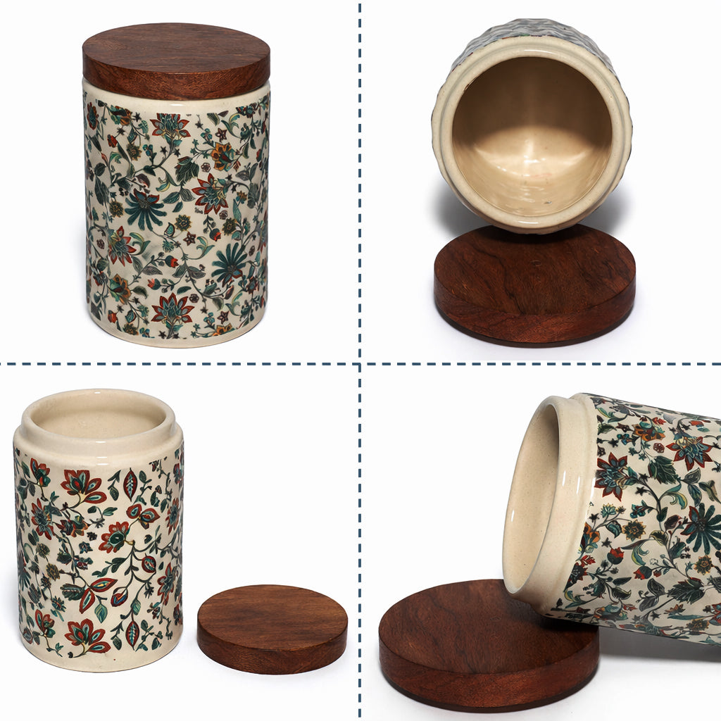 Floral Printed Jar with Wooden Lid| Multicolor | 900ml
