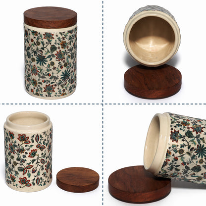 Floral Printed Jar with Wooden Lid| Multicolor | 900ml