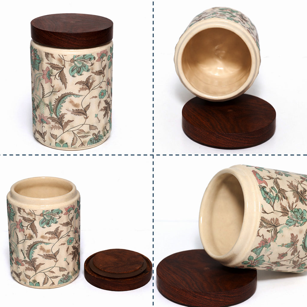 Floral Printed Jar with Wooden Lid| Multicolor | 900ml