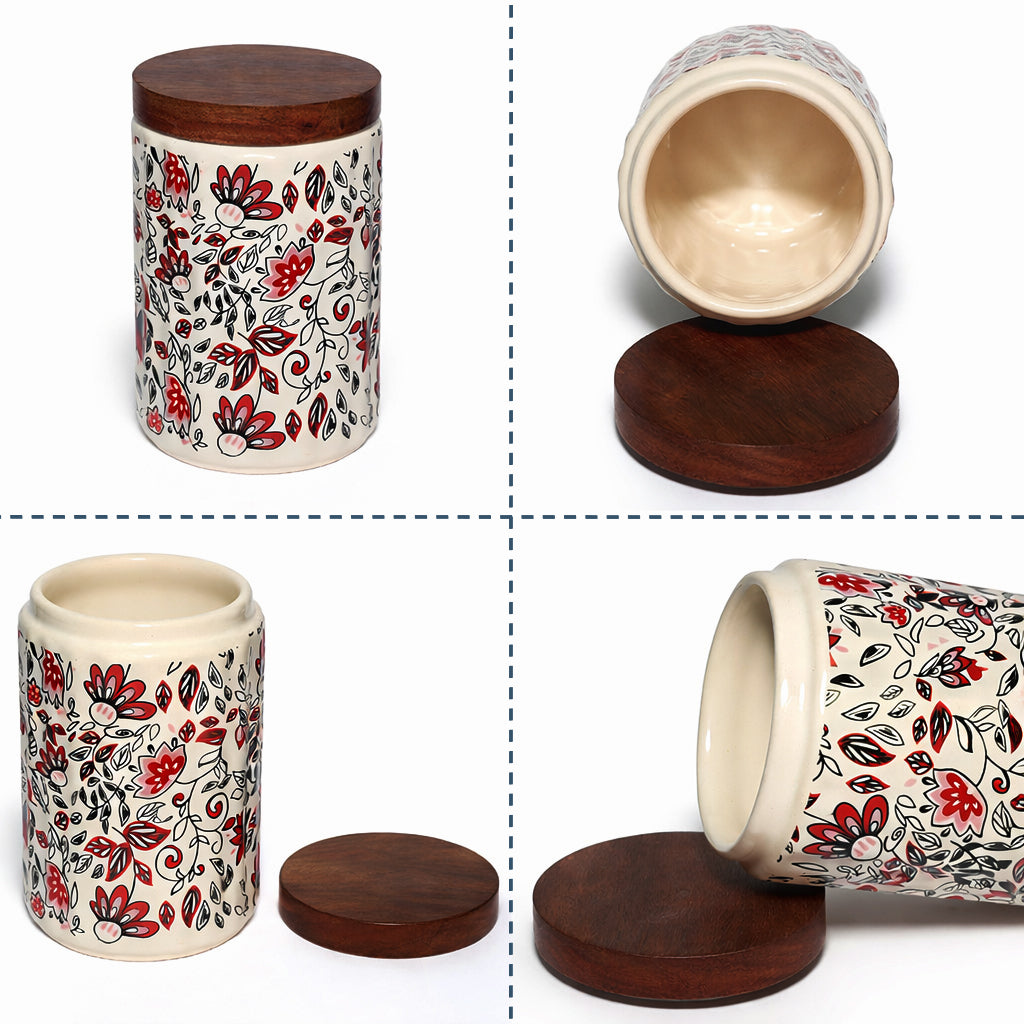 Floral Printed Jar with Wooden Lid| Multicolor | 900ml