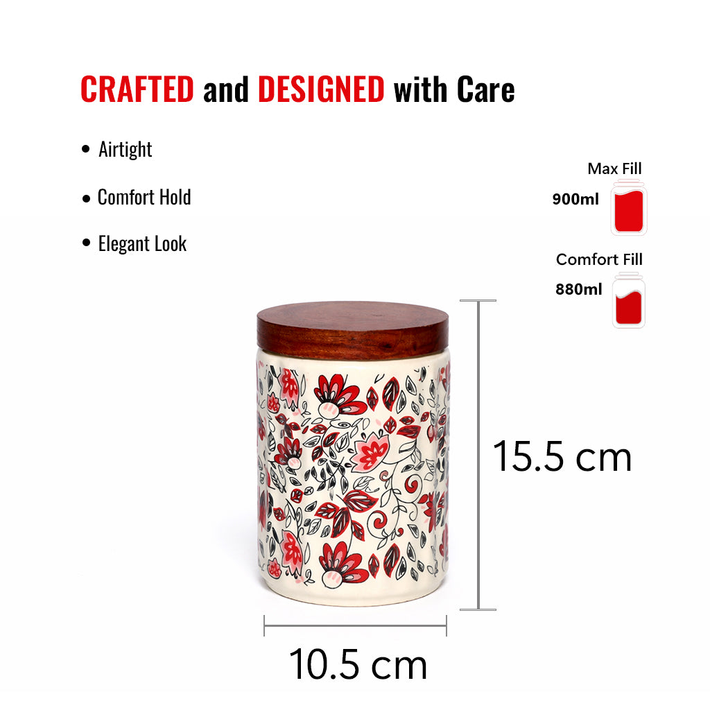 Floral Printed Jar with Wooden Lid| Multicolor | 900ml