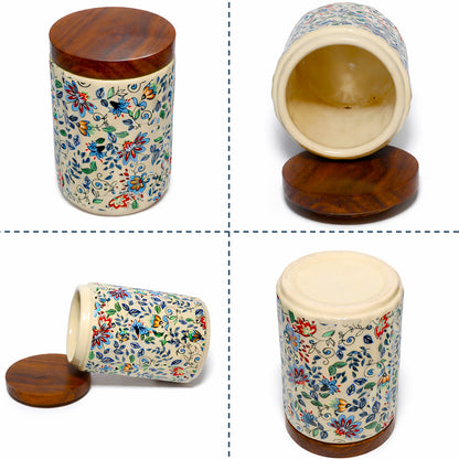 Floral Printed Jar with Wooden Lid| Multicolor | 900ml
