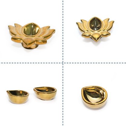 Ceramic Gold One Lotus Diya with 2 Diyas