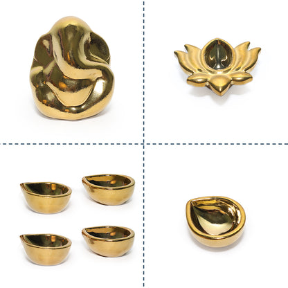 Ceramic Gold Small  Ganesha with 4 Diya with Lotus Diya