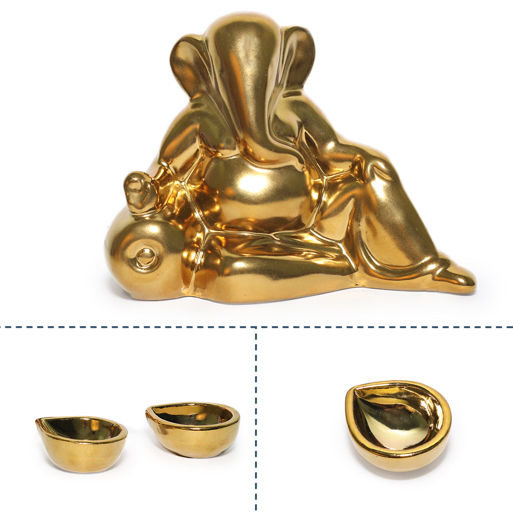 Ceramic Lord Ganesh Idol with Two diyas in Gold Finish