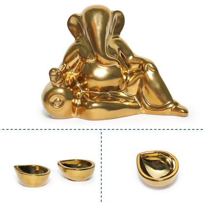 Ceramic Lord Ganesh Idol with Two diyas in Gold Finish