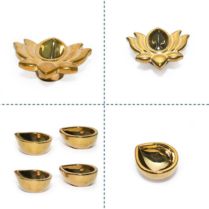 Ceramic Gold One Lotus Diya with 4 Diyas